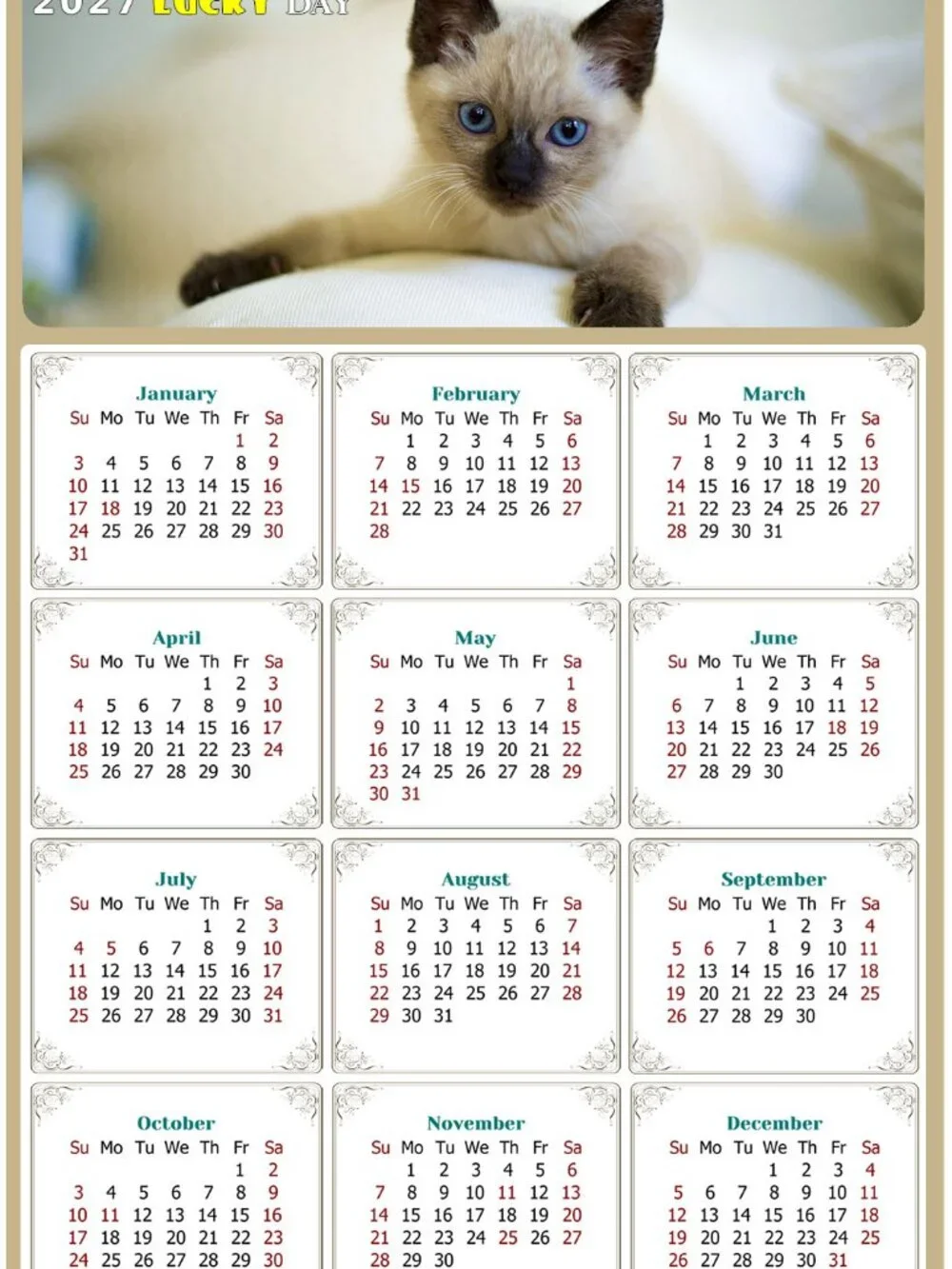 2027 Magnetic Calendar - Today is my Lucky Day - Cat Themed 013 (7 x 10.5)
